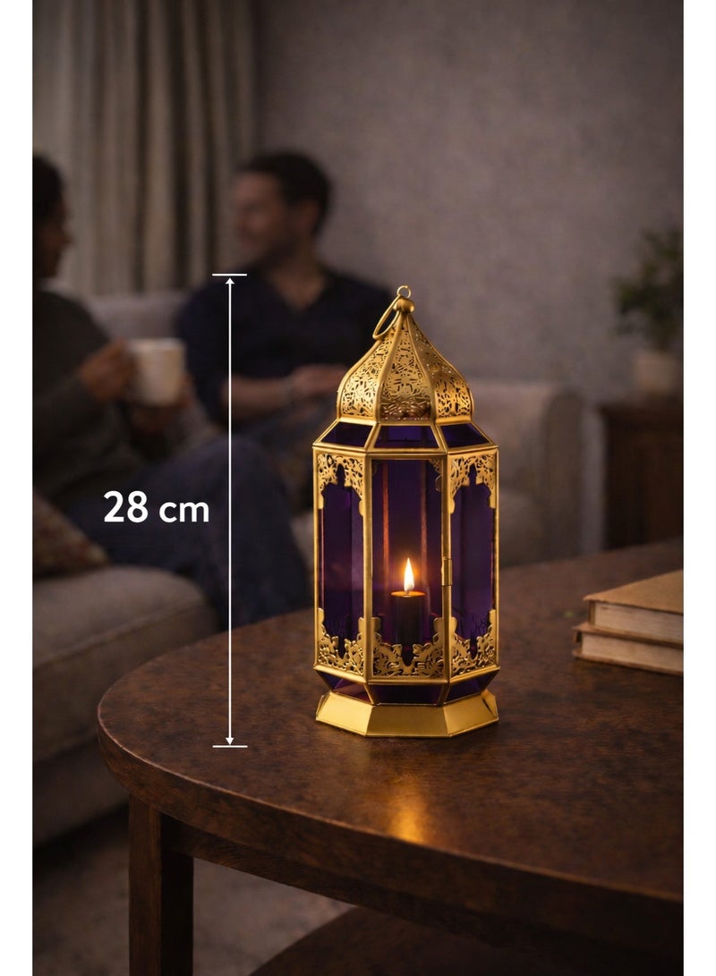 OLUDENIZ Golden Glass Candle Lantern – Decorative Iron & Glass Moroccan Lantern – 28cm Height – Home & Ramadan Décor - Image 2